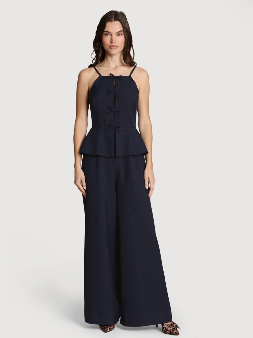 Avec Les Filles Navy Wide-Leg Jumpsuit with Peplum and Bow Front